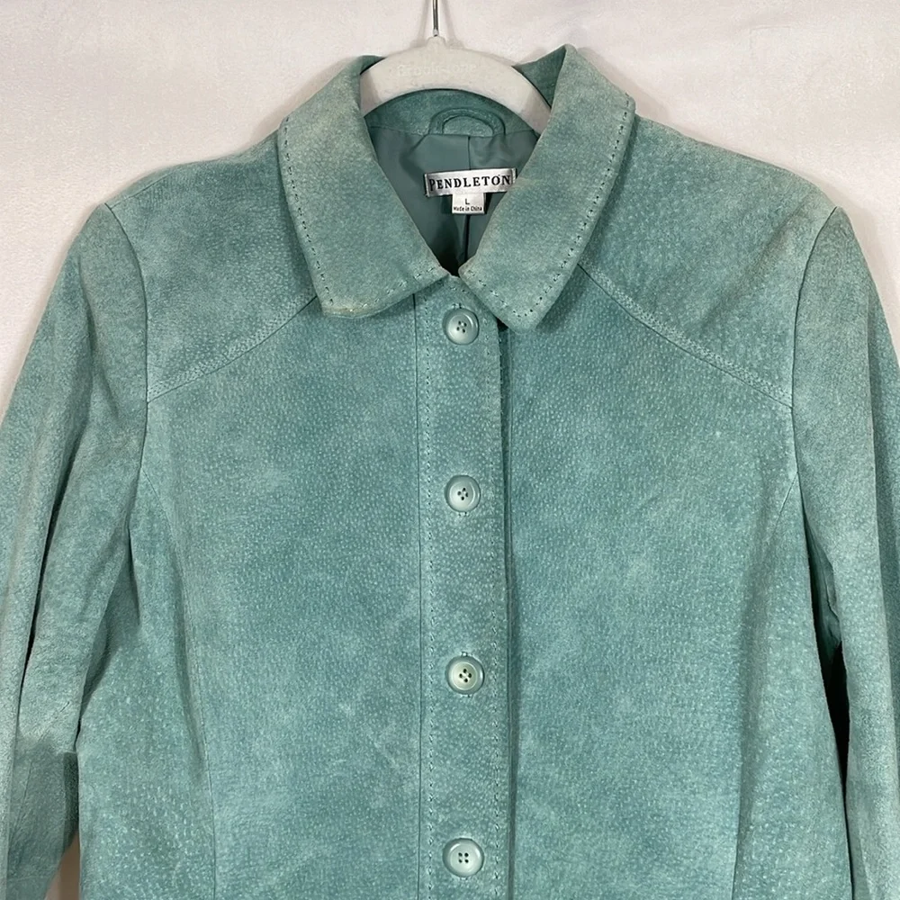Pendleton Genuine Suede Leather Jacket Size L Seagram Green Blue EUC - Picture 2 of 14